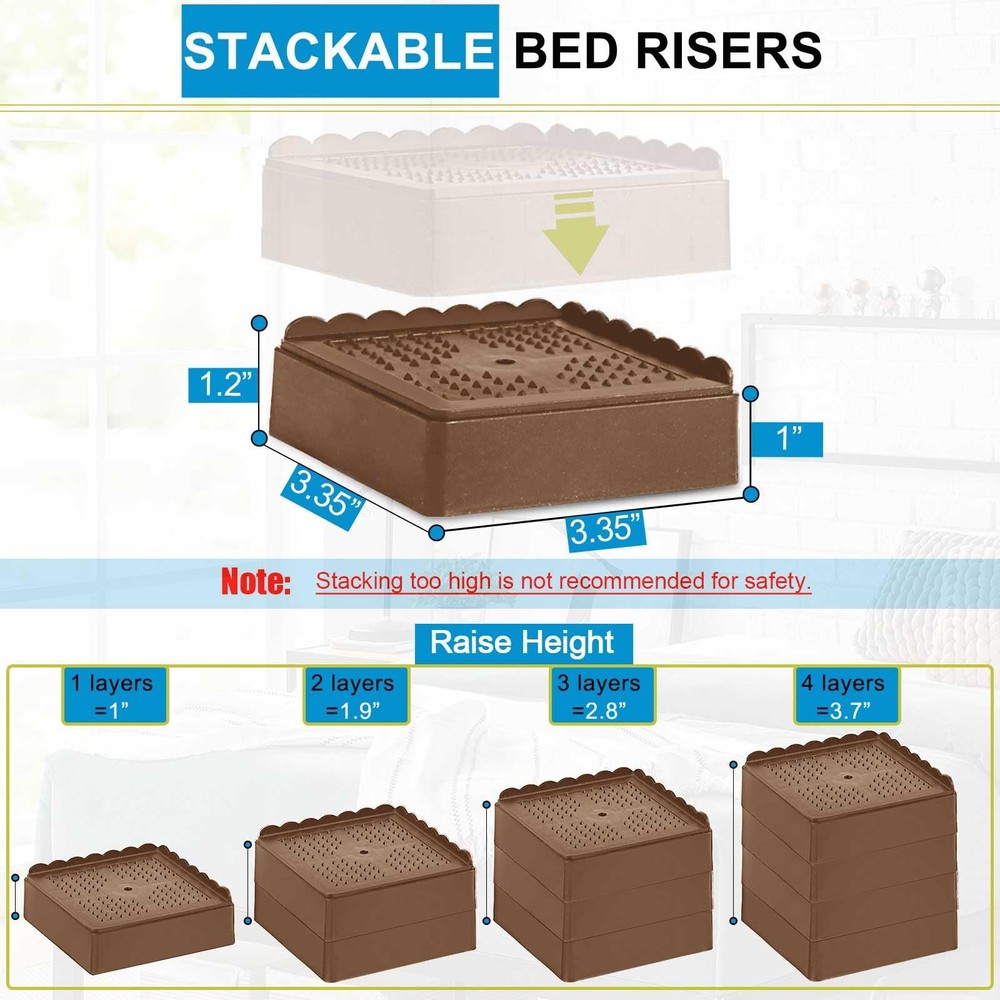 Heavy Duty Bed Risers 1 2 3 4 inch Adjustable Furniture Riser Stackable for Bed