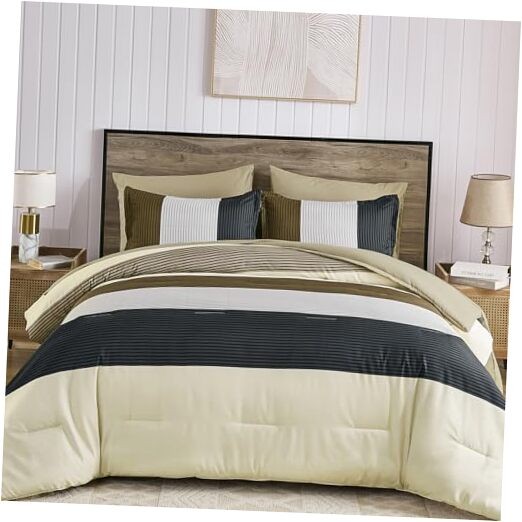 7 Pieces Striped Size Comforter Set, Soft Microfiber Down King Brown-beige