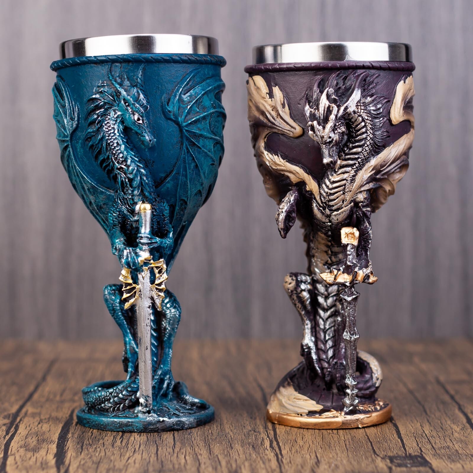 Medieval Flame Dragon Holding Sword Goblet Resin Wine Cup with Stainless Stee...