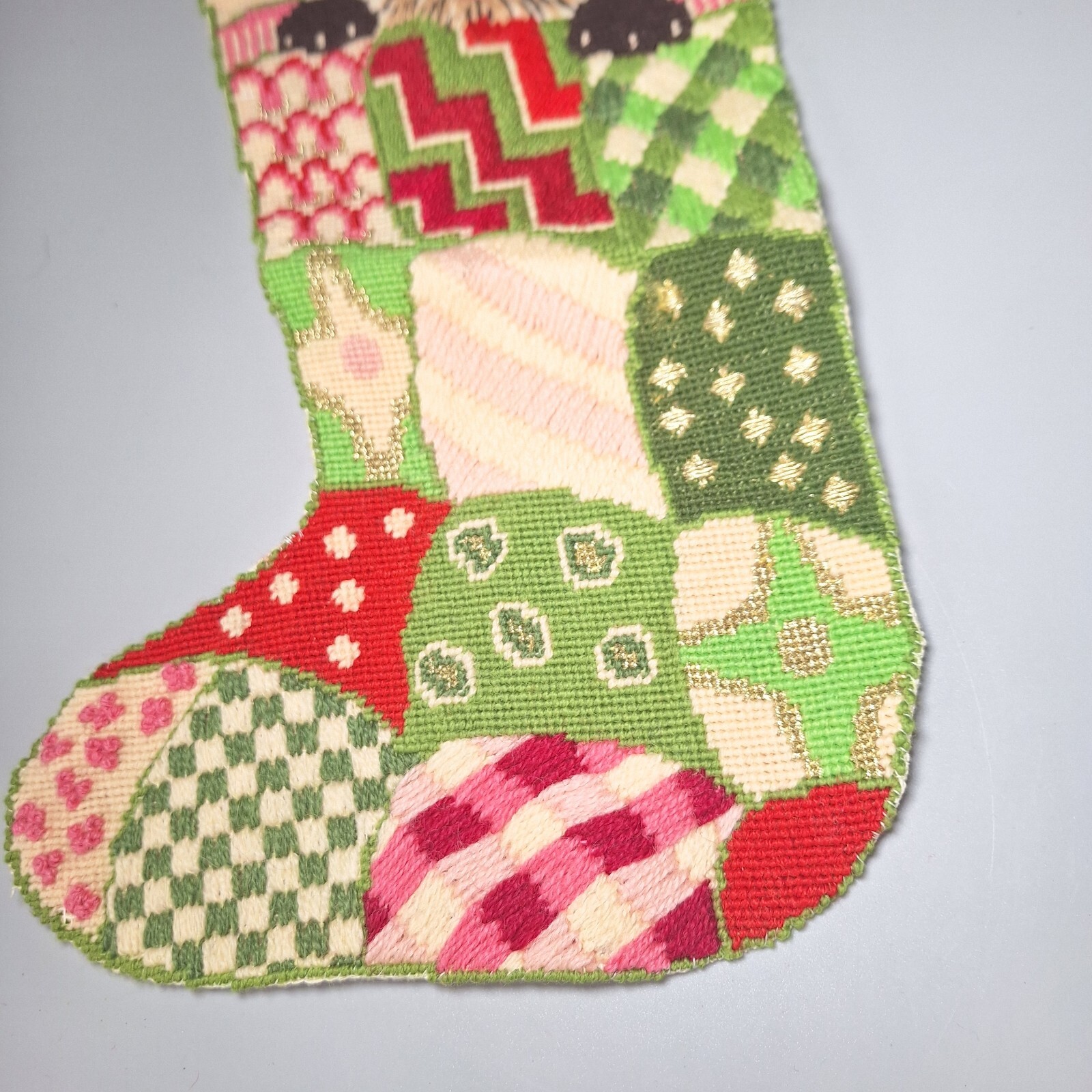 RARE Needlepoint Christmas Stocking Cat Handmade Siamese Kitten Vtg Patchwork
