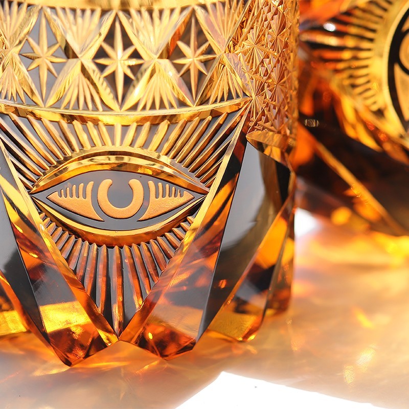 High-end Hand Carved Eye Pattern Edo Kiriko Glass Whisky Glass Amber Color