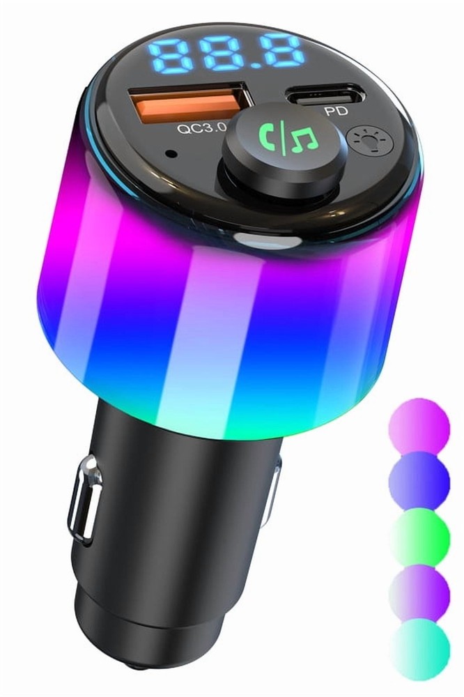 Bluetooth Car Kit: 5.3 FM Transmitter, 5 Color LED – PD 30W & QC 18W Charger
