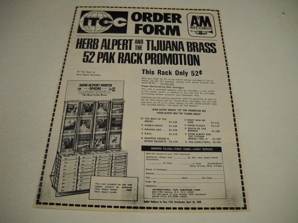 HERB ALPERT Tijuana Brass - 52 Pak Rack Promotion original 1968 Promo Display Ad