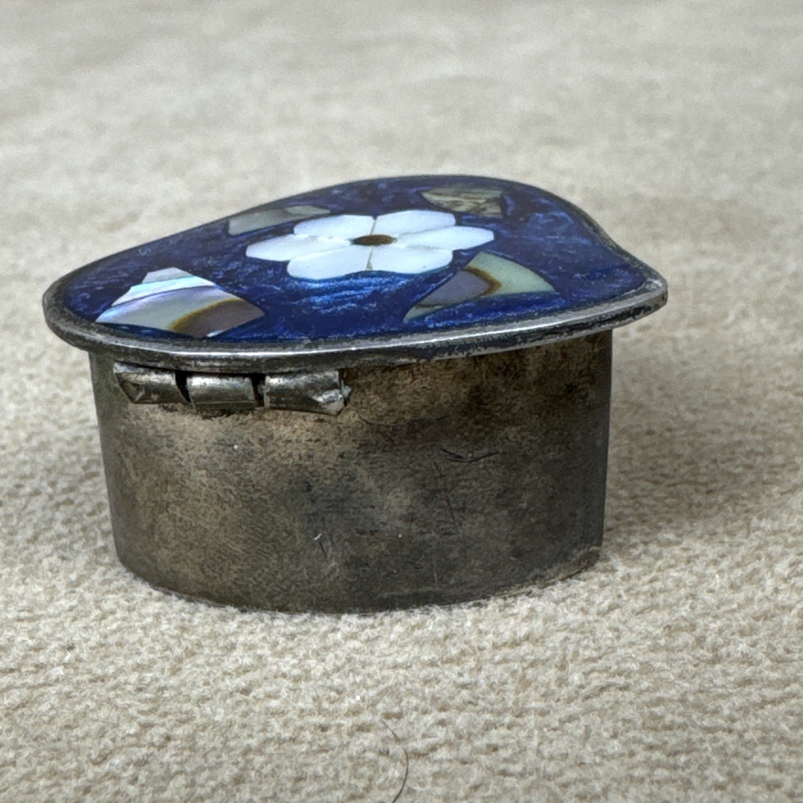 VTG Alpaca Mexico Silver Abalone Shell Inlay Pill Box Trinket-Flower Heart Daisy