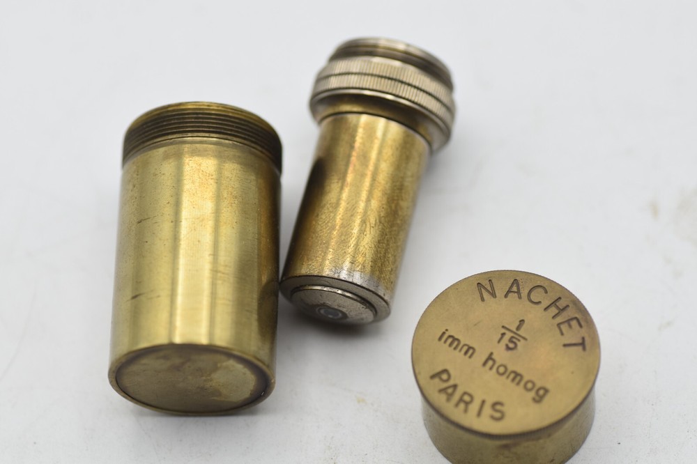 ANTIQUE BRASS MICROSCOPE OBJECTIVE IN BOX NACHET 45X