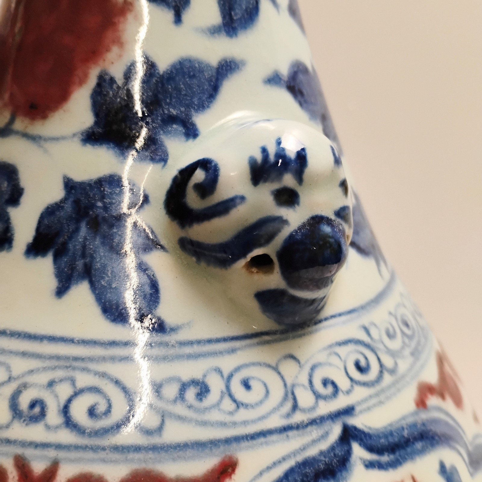 PAIR 20th Century Chinese Blue Copper Red & White Hand Painted Garlic Vase 20"