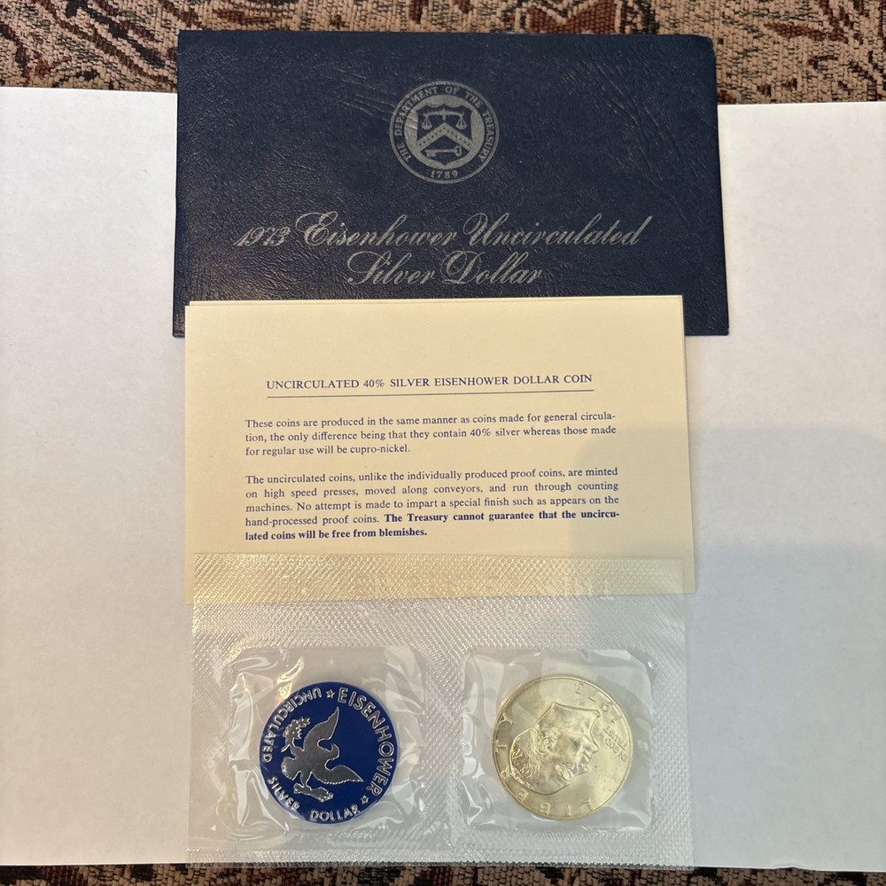 1973 S Eisenhower SILVER Dollar Uncirculated Blue Envelope US Mint OGP/COA