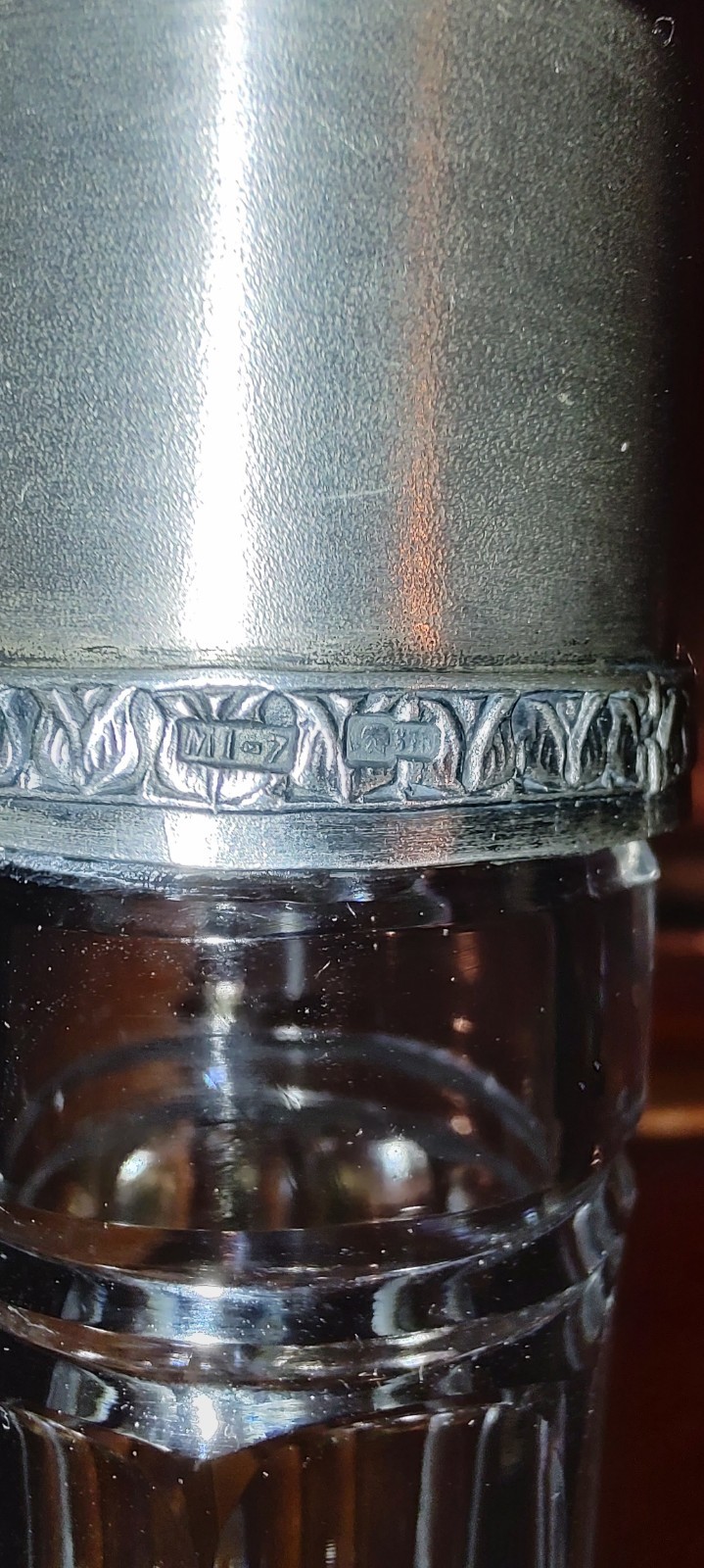 Vintage crystal decanter with sterling silver finial 875°,USSR,height 33 cm