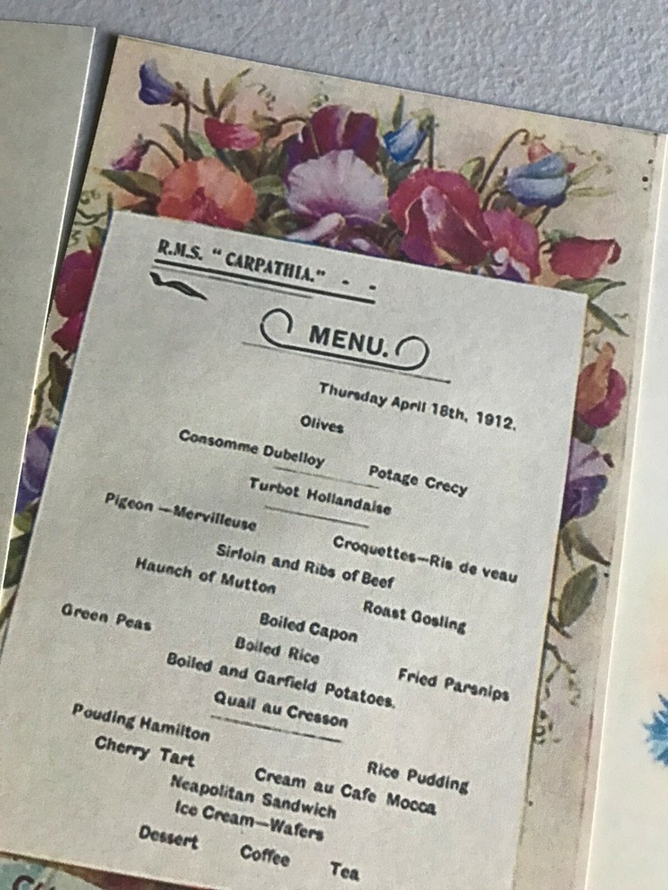 APRIL 18 1912 CARPATHIA DINNER MENU SAME WEEK TITANIC SANK REPRINT