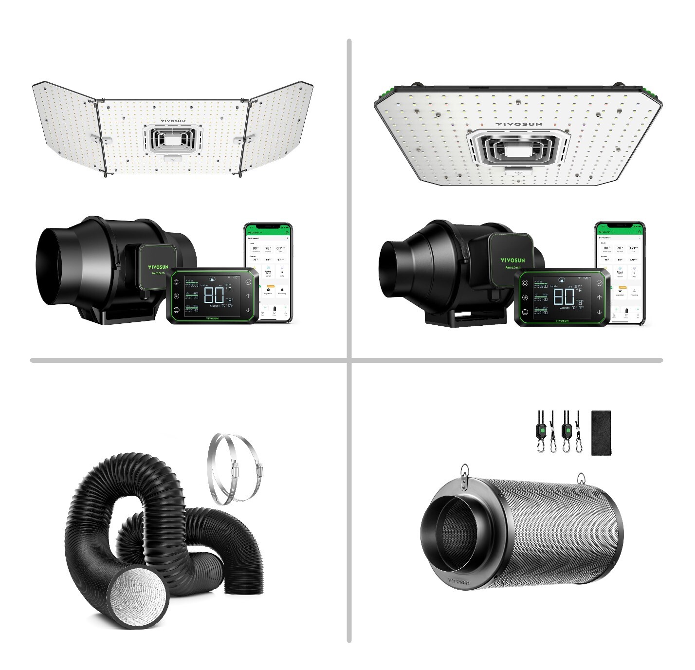 VIVOSUN Smart Grow System Aerozesh Inline Fan & AeroLight LED Grow Light & E42A