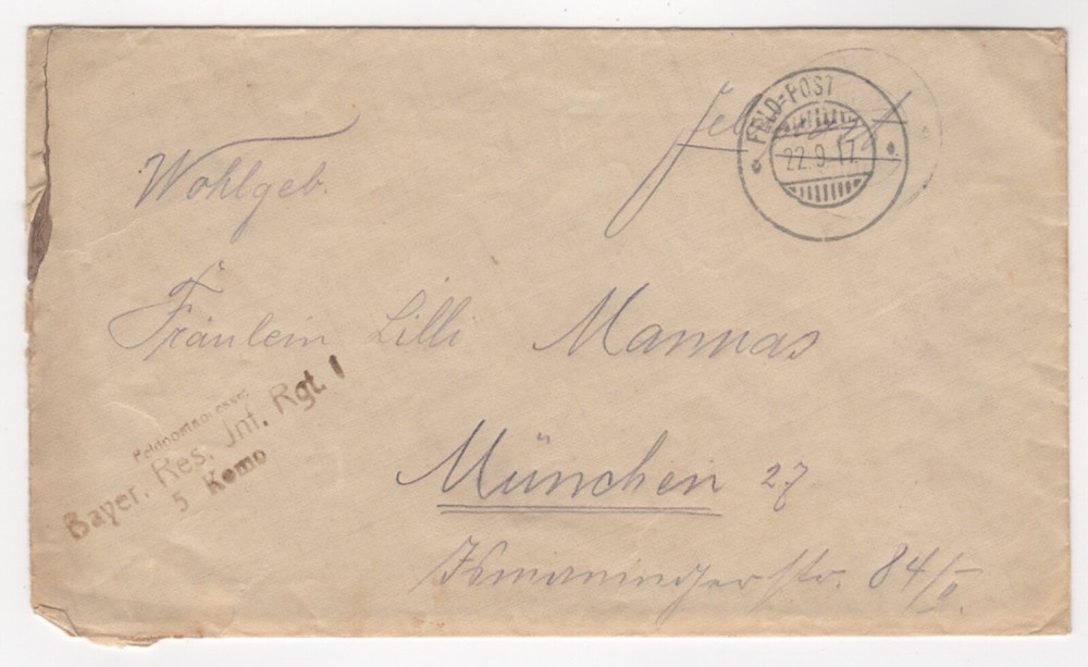 1917 Sep 22nd. Censor Cover. Feldpost to München.