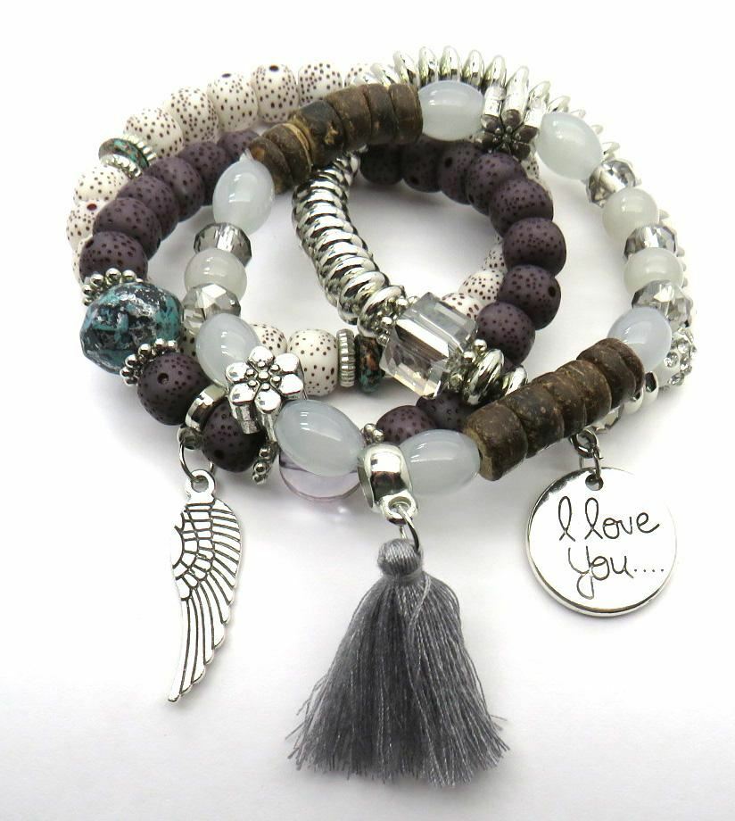 Tassel Love Bracelet Set, 4pc, Grey