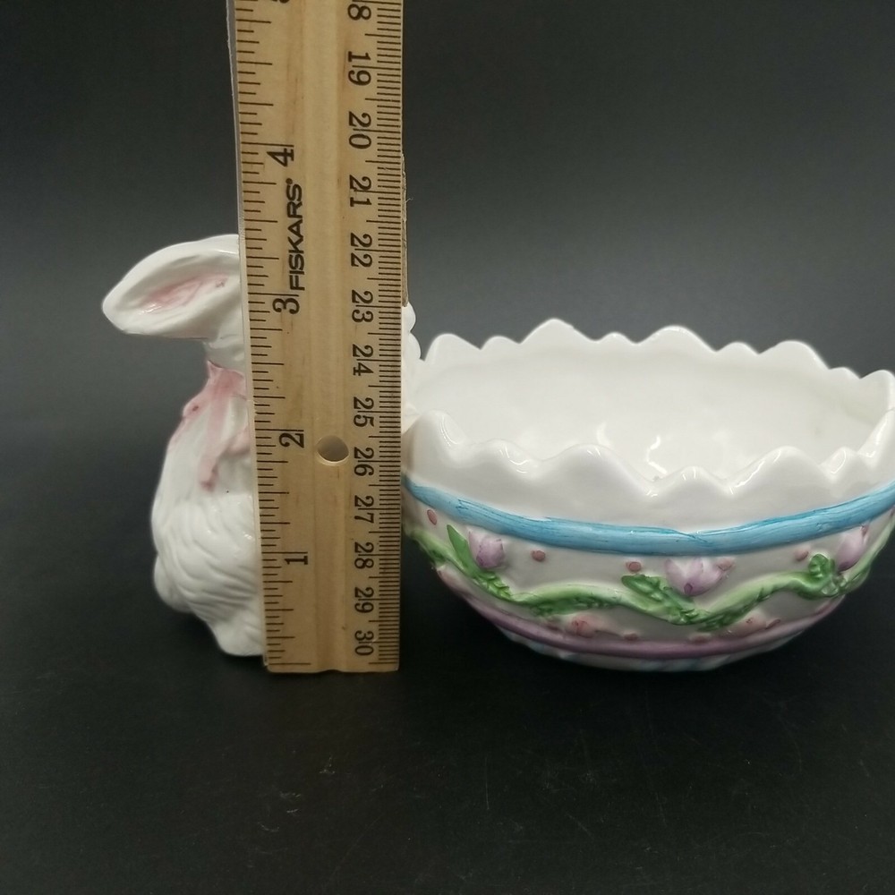 Easter Bunny Looking into Cracked Egg Planter w/Pink Flowers