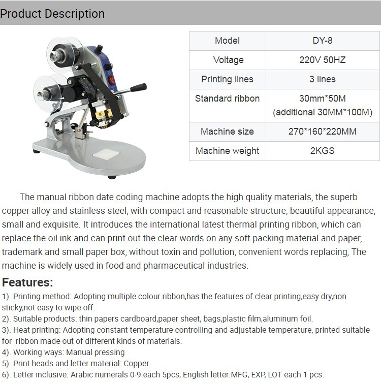 Manual portable date coding printer, manual ribbon coding machine-