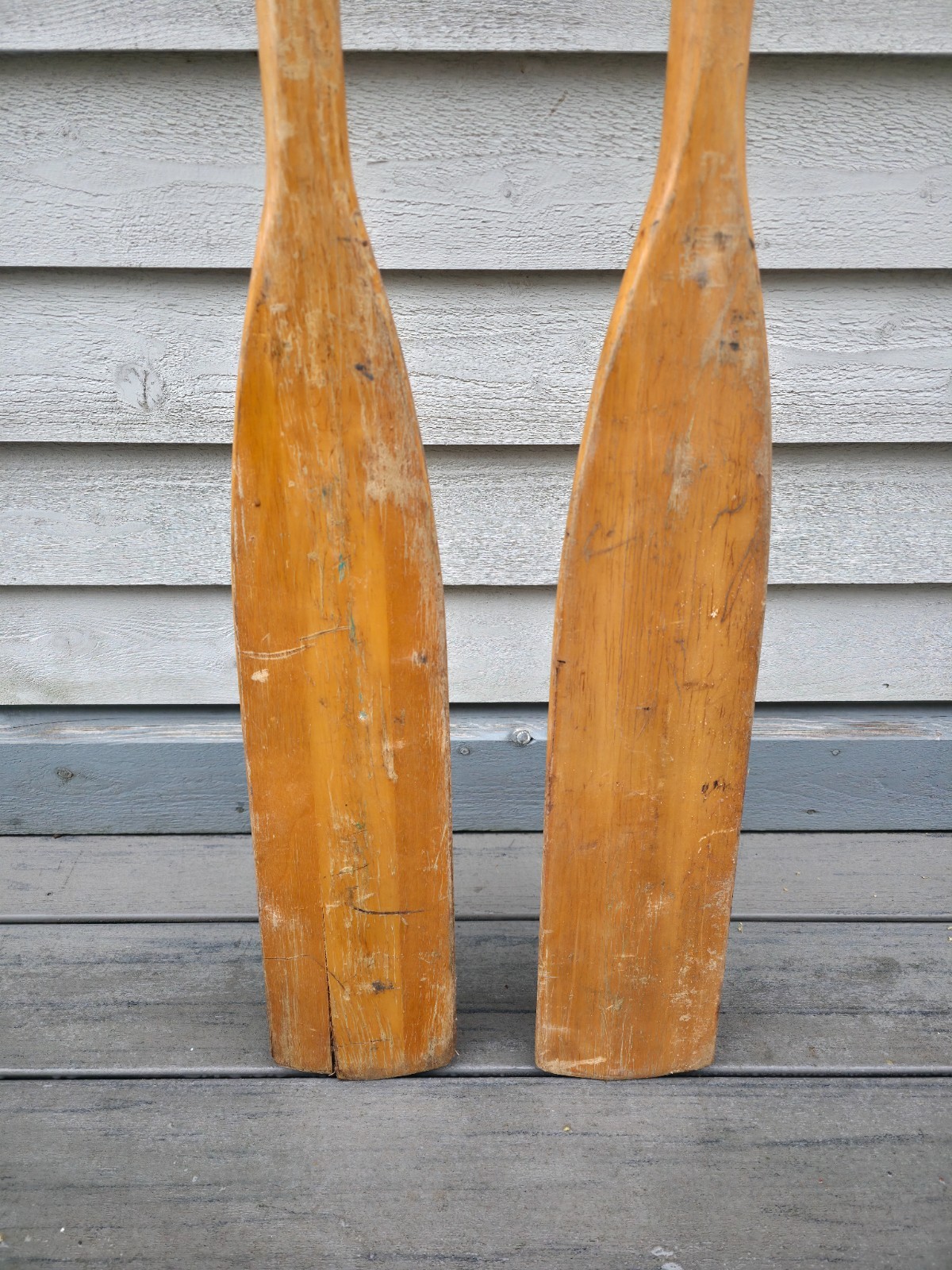 VINTAGE Old Wooden Paddles Oars with OARLOCKS Feather Brand Measures 72"