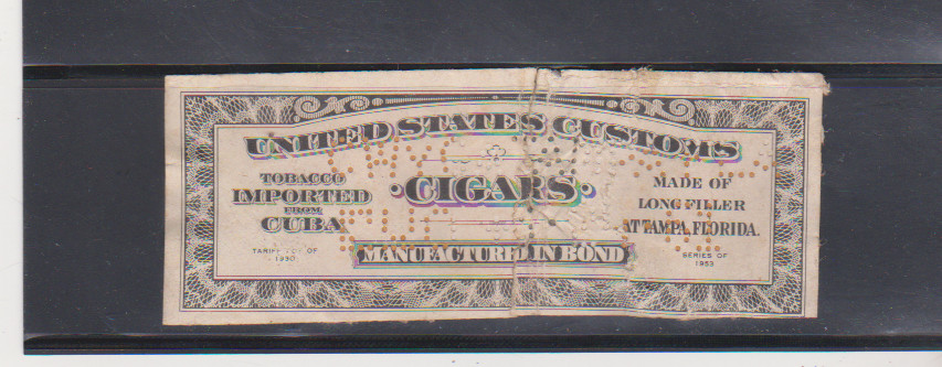 TCB 22 United States Customs Stamp For Imported Cigars from Zuba Series 1953