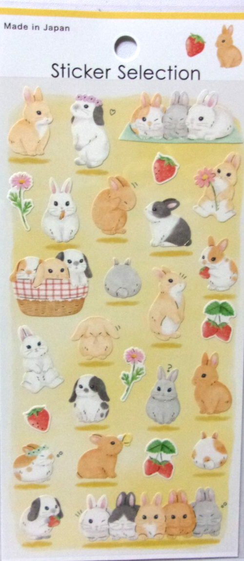 GAIA Animal Rabbit Strawberry Flower Sticker Sheet Made in Japan