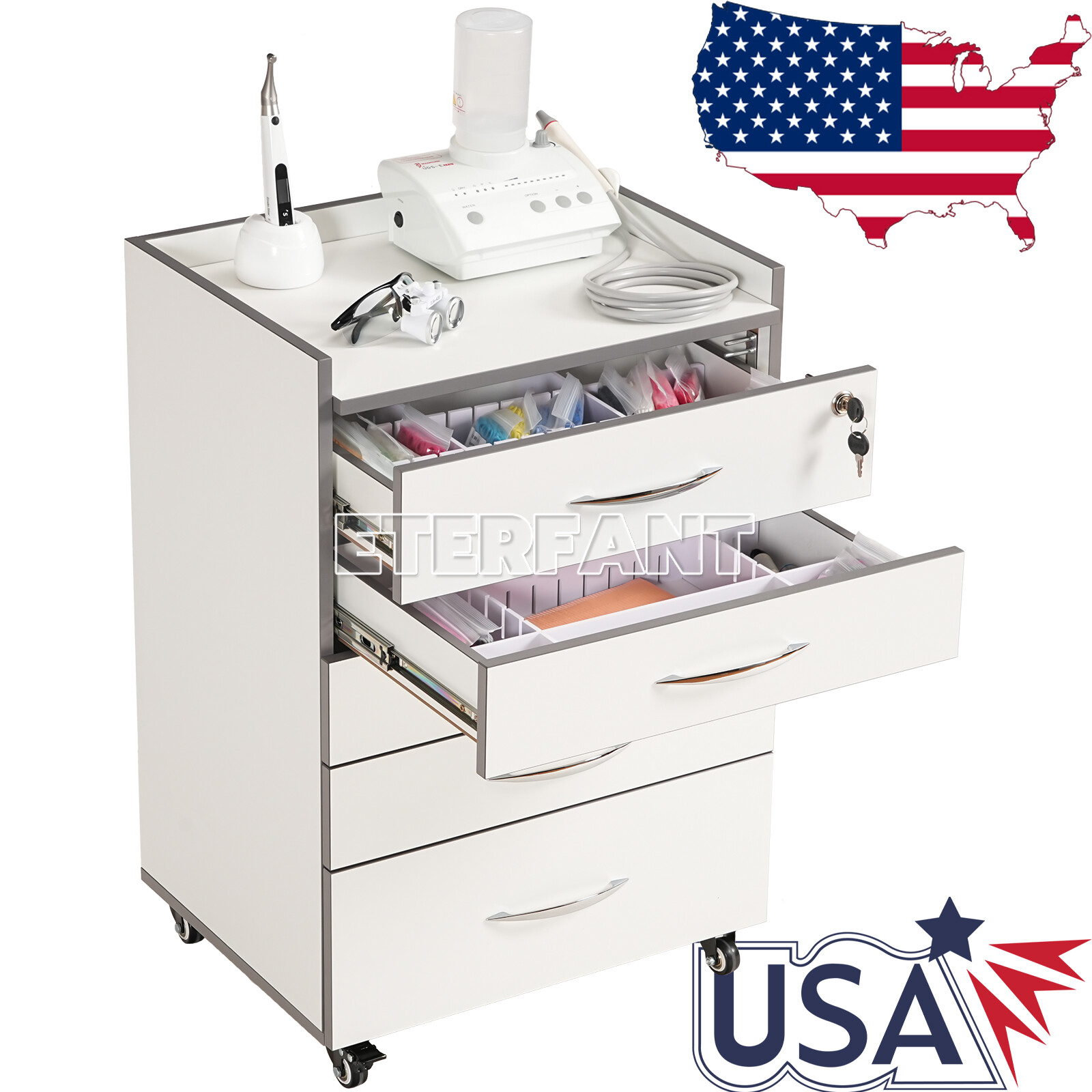 Dental Medical 5 Drawers Trolley Cart Acrylic Mobile Rolling Cart Wooden Cabinet