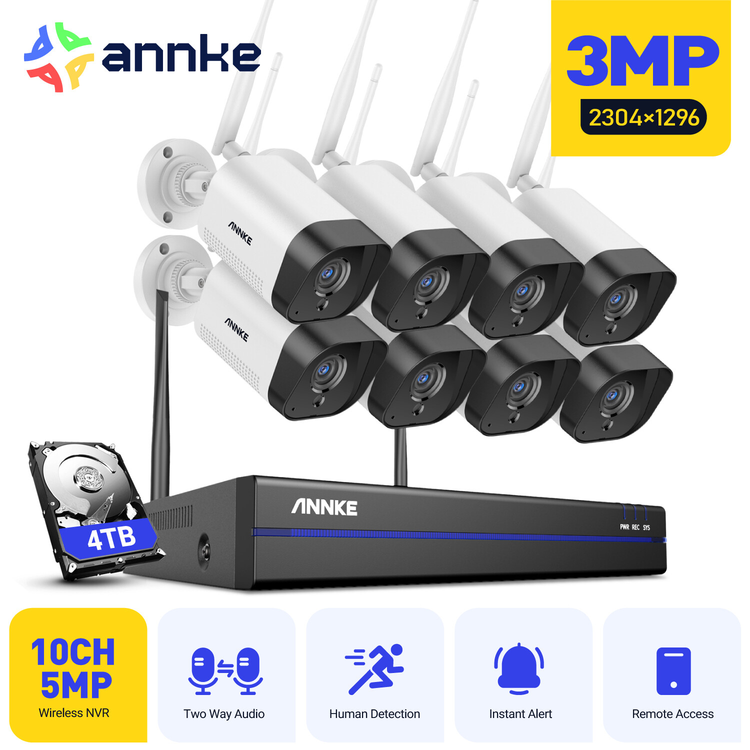 ANNKE Wireless 10CH 5MP NVR 3MP WiFi CCTV IP Security Camera System 2-Way Audio