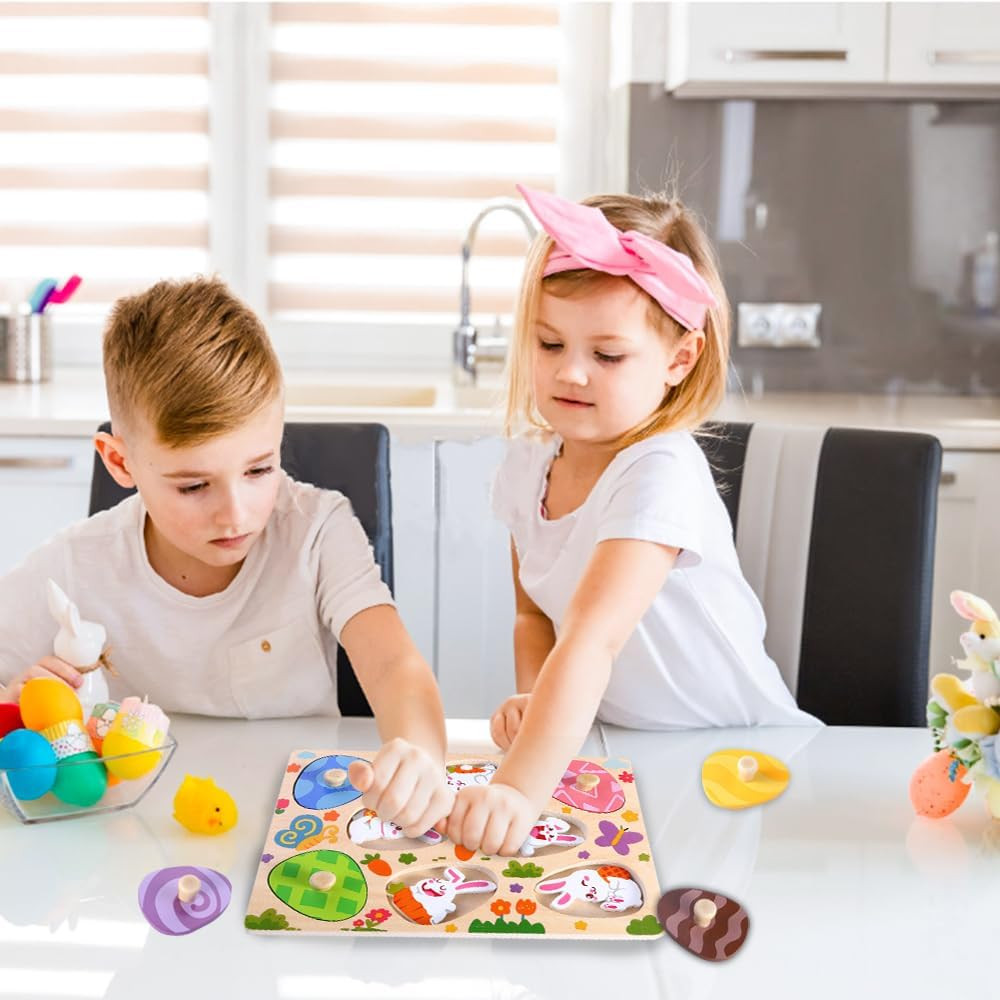 Easter Wooden Pegged Puzzles 8Pcs Bunny Matching Egg Puzzles Easter Montessori T