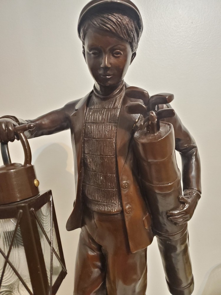 Bronze Boy Golfer Caddy Lantern Light Statue H 23"