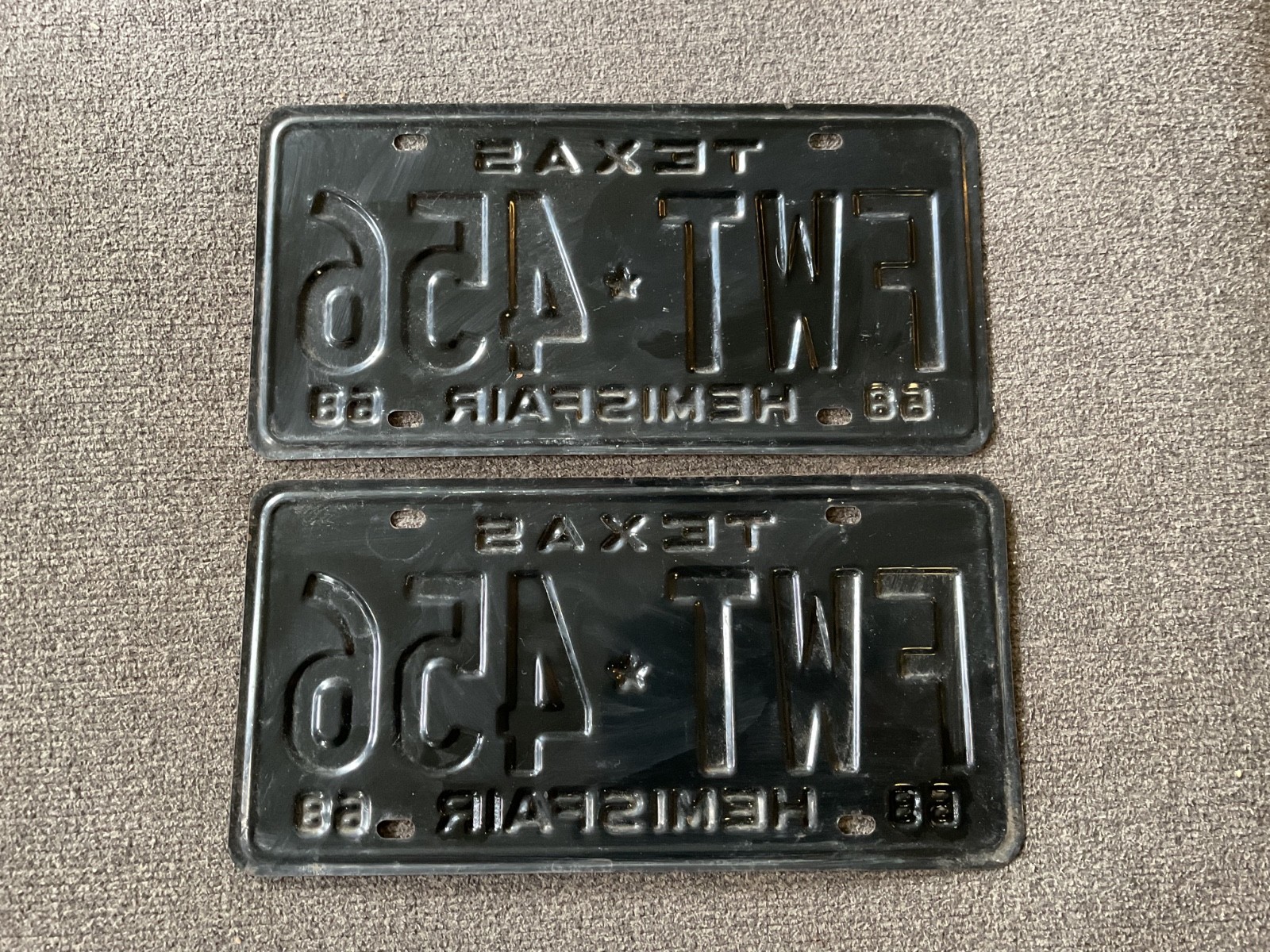 RARE 1968 TEXAS HEMISFAIR LICENSE PLATE PLATES PAIR NICE ORIGINAL CHEVY FORD