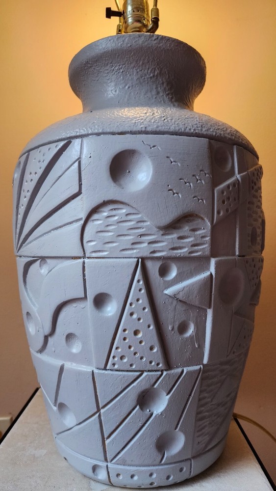 Postmodern Gray Ceramic Table Lamp Geometic Pattern 30" - See Pics