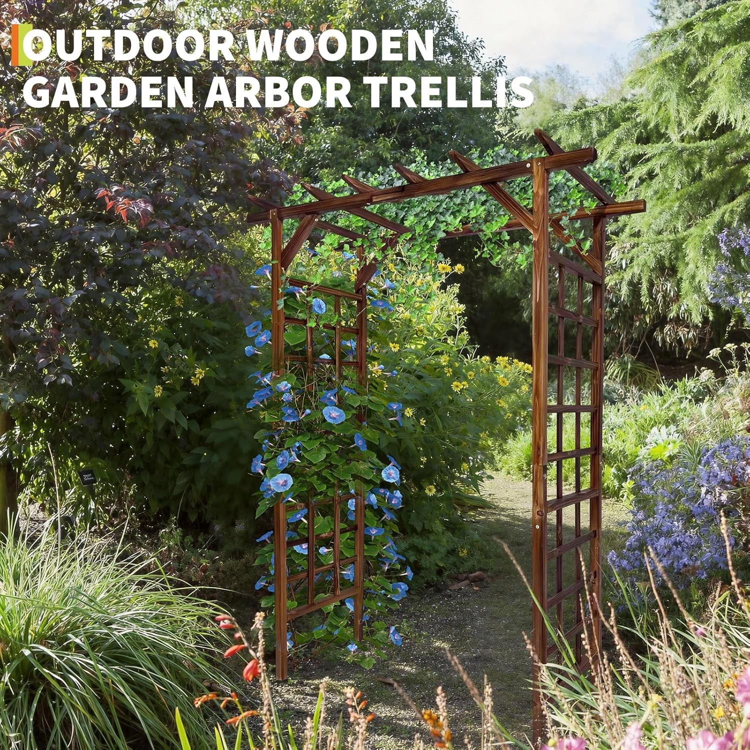 85 Inch Outdoor Wooden Garden Arbor Trellis Flat-Top Pergola for Climbing Plants
