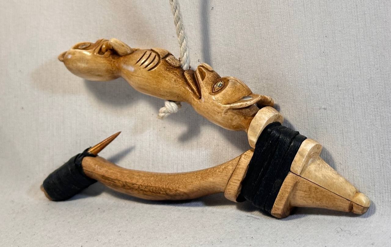 Wolf and Beaver Totem Halibut Hook, Shell Inlay, Northwest Coast Design