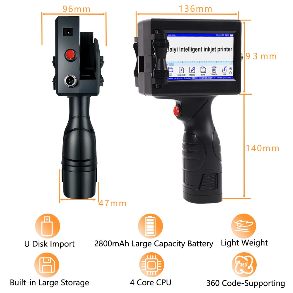 Handheld inkjet printer prints text, batch number, barcode, brand identification