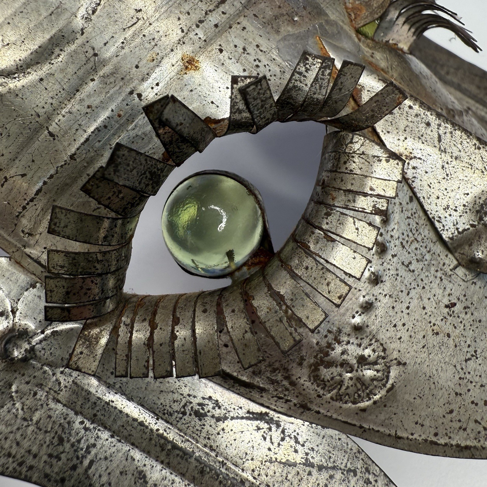 Mexican Tin Folk Art Face Mask Green Glass Eyes Wall Hanging Vintage Cultural