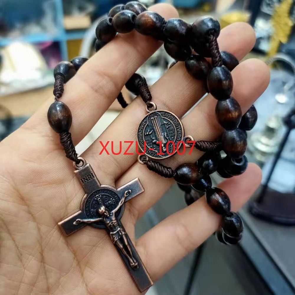 Saint St Benedict Wood Beads Rosary Prayer Crucifix Cross Jerusalem Deep Brown