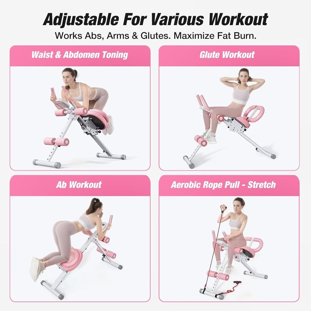 Adjustable Ab Trainer Machine Home Core Workout Foldable with LCD Pink