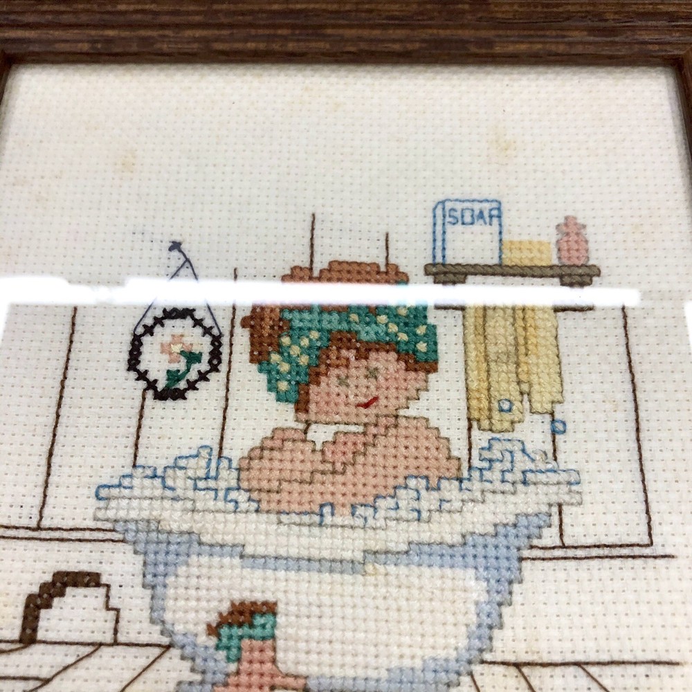 Needlework Cross Stitch Framed COMPLETE Redhead in Bath Tub Mouse Handmade Read