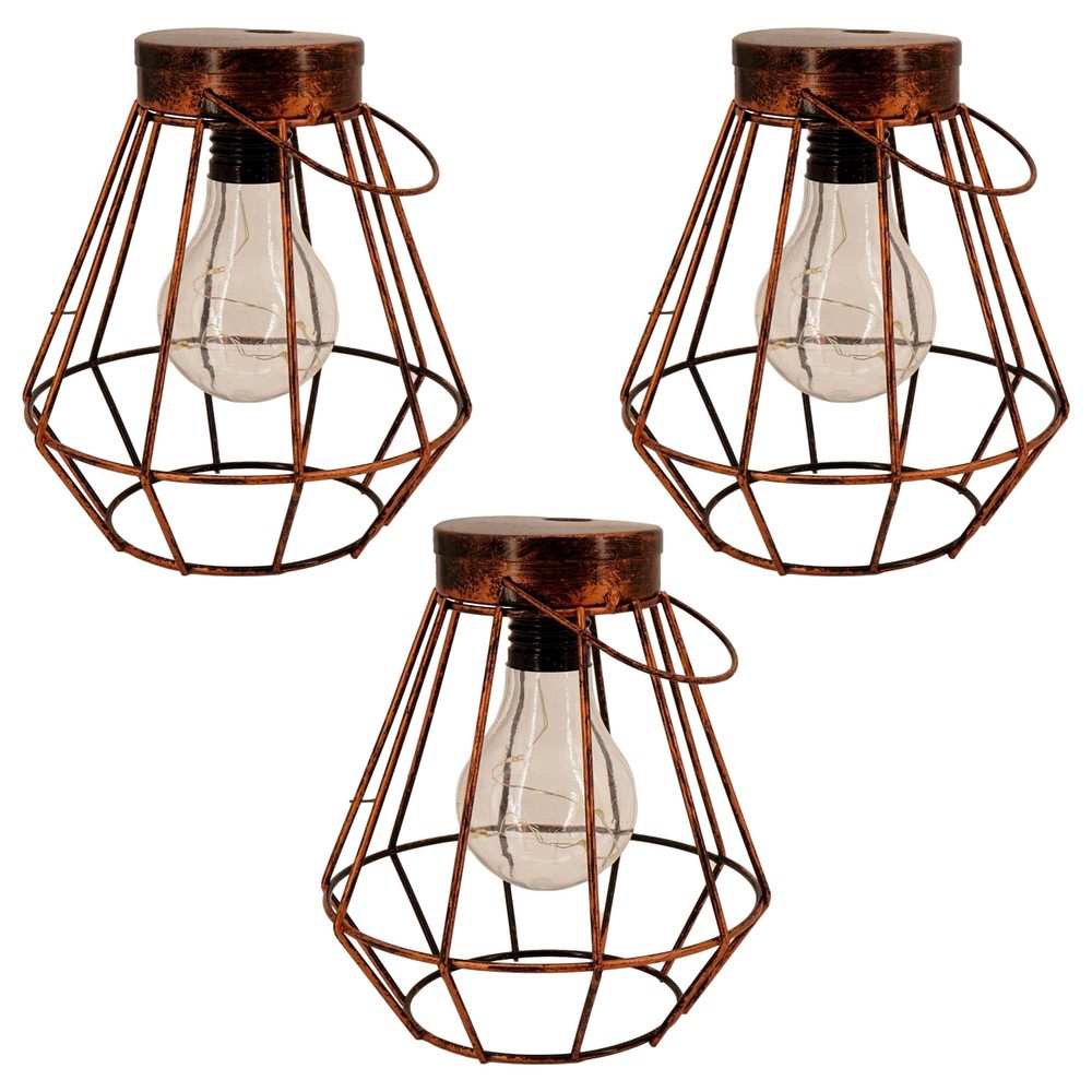 Rustic Metal Cage LED Lanterns (3 Pack, Diamond) Cordless Lantern Vintage