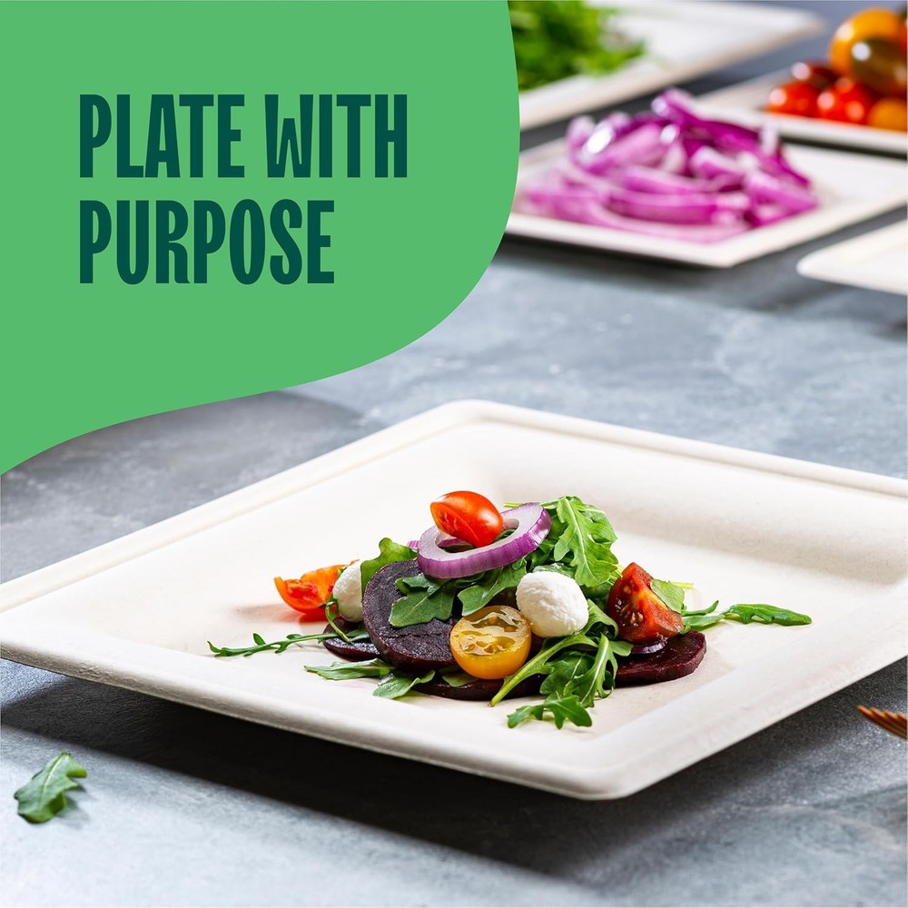 100% Compostable Square Paper Plates [50-Pack] - 10 Inch, Unbleached