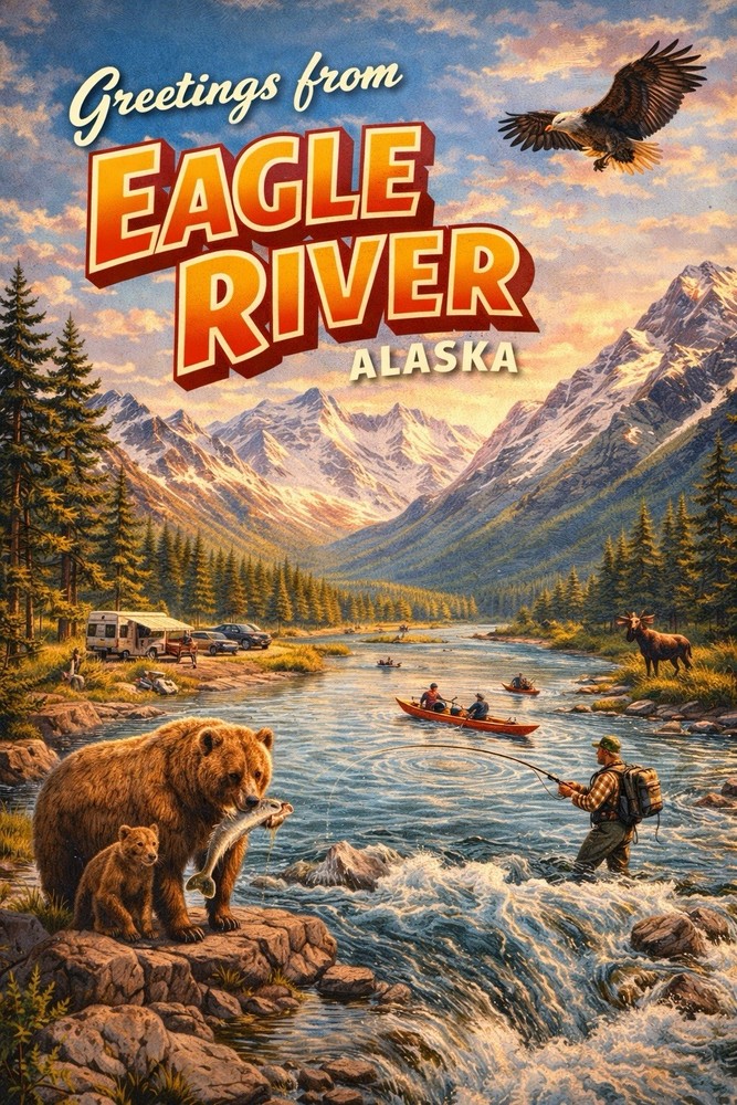 Greetings from EAGLE River Alaska Modern Vintage Postcard A819