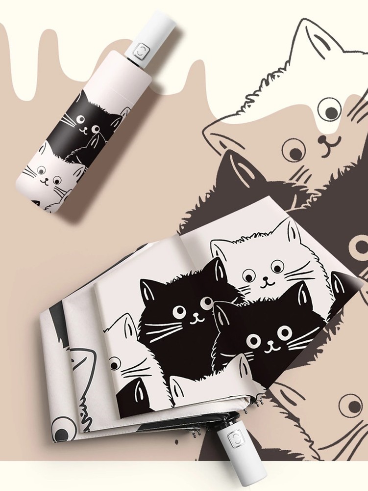 Umbrella Automatic Sunscreen Black Coating Cute Cat Three-Folding Umbrella