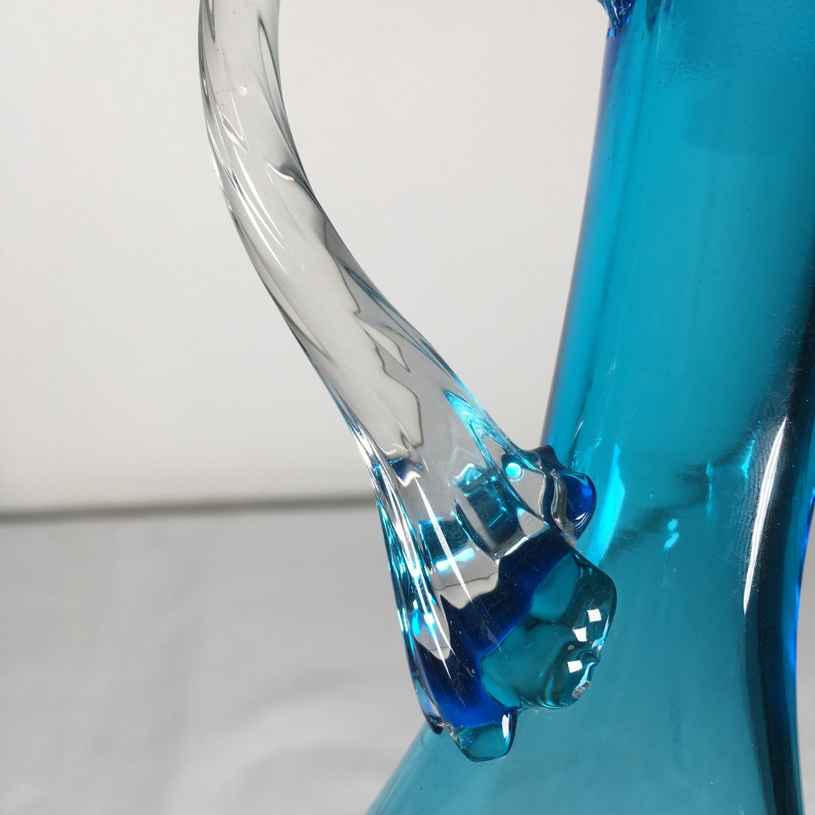 Vintage MCM Empoli Turquoise Glass Decanter w/Clear Flame Glass Stopper 20"