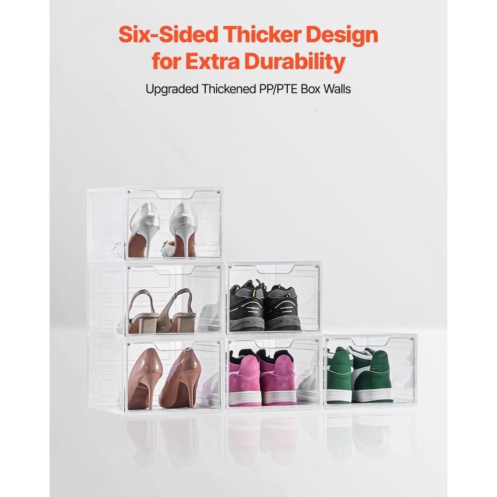 Shoe Storage Boxes 6 Pack Stackable Shoe Boxes US Size 13 Transparent White