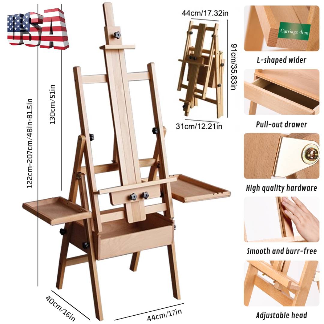 Large Wood H-Frame Easel with Storage Drawer and Palette, Foldable Art Painting