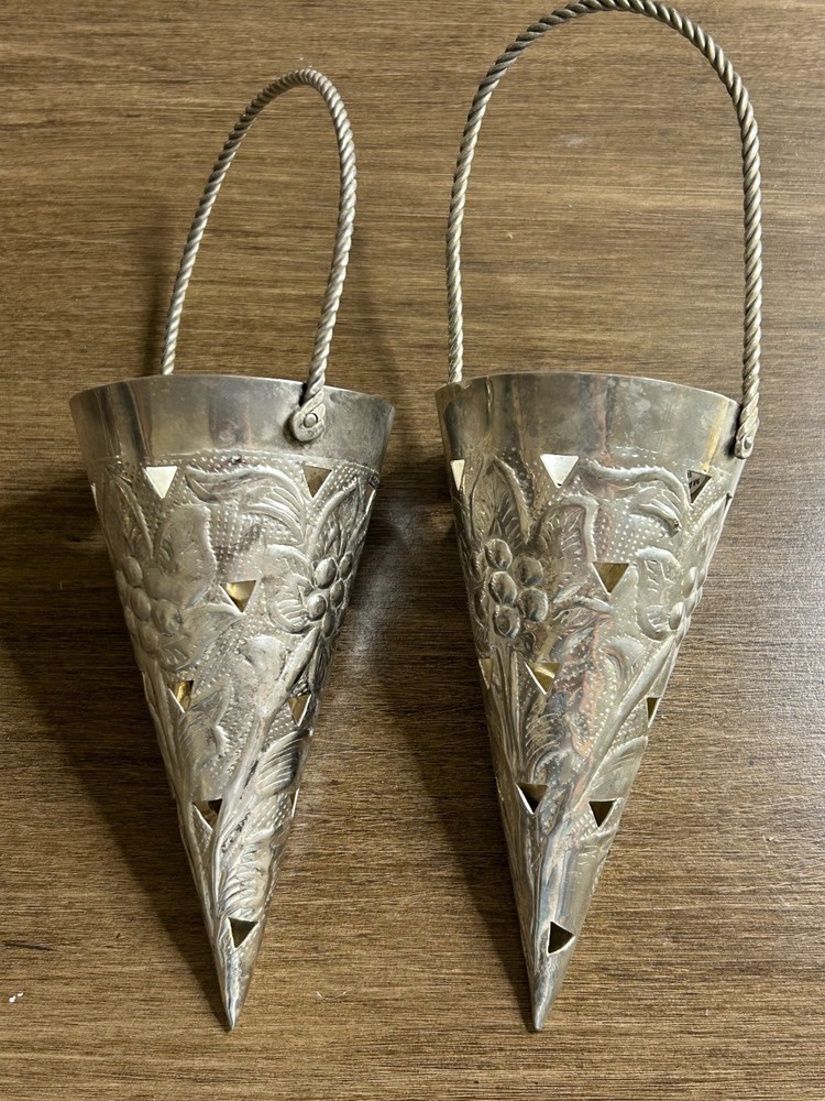Pair Vintage Silverplate Wall Pocket Vase  5.5" Floral Repousse