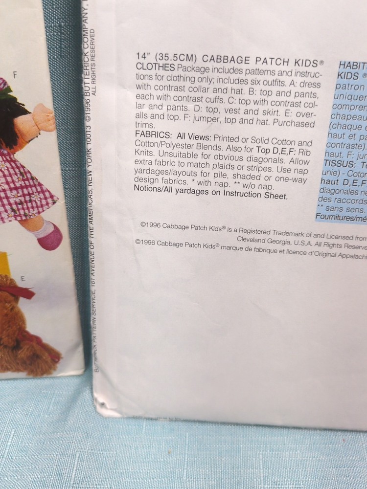 Vintage RARE Butterick #104, 4556 Doll Cabbage Patch Clothes -1996 Pattern