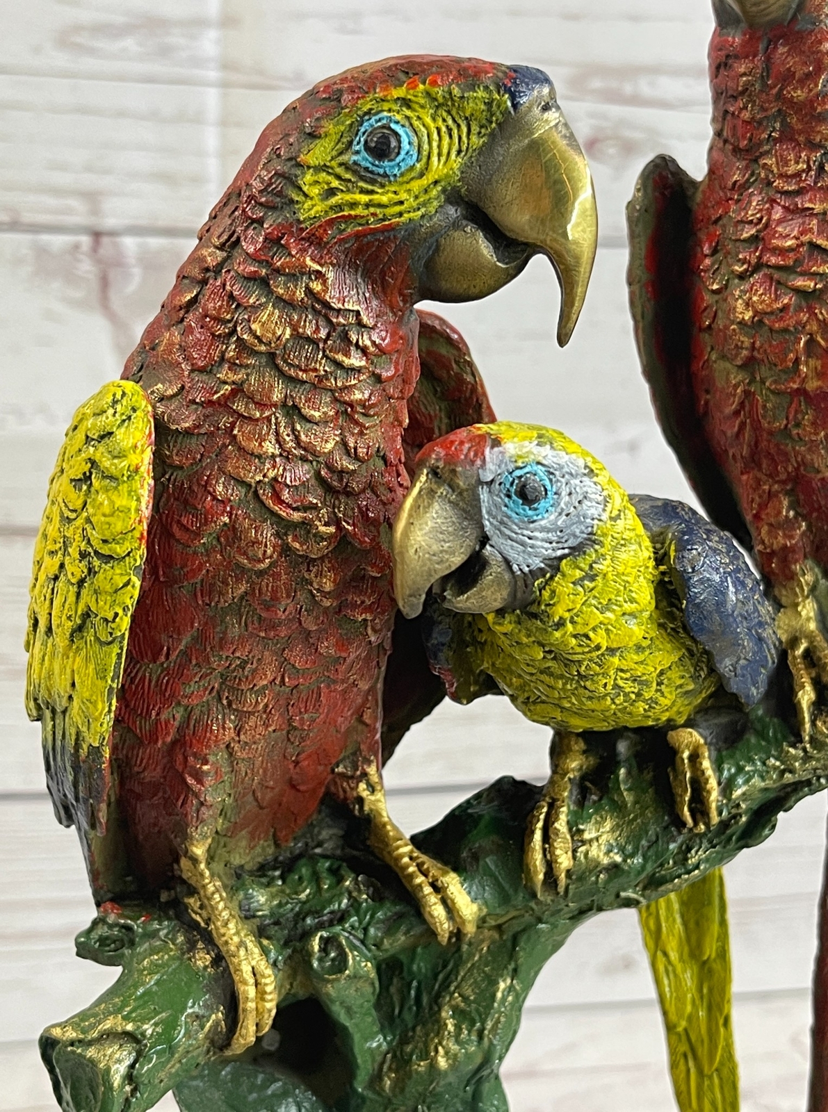 Three Macaw Parrots on a Branch Bronze Metal Statue Sculpture Colorful Decor Art