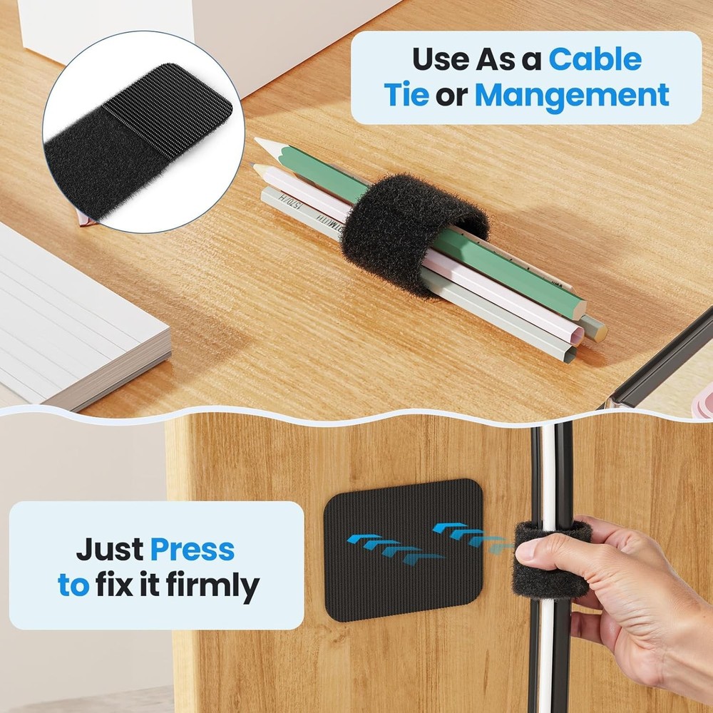 Cable Management Under Desk, Cord Organizer Adjustable Hook and Loop Cable Ties