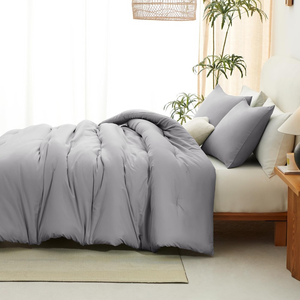 CozyLux Queen Comforter Set Grey, 3 Pieces Solid Comforters Queen, Grey