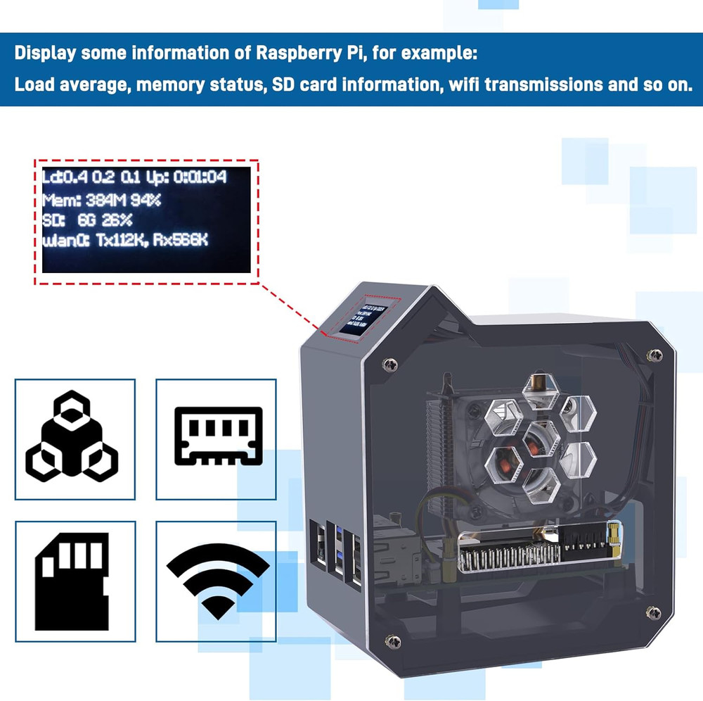 Mini Tower Kit for Raspberry Pi 5, Case with ICE Tower Cooler, 0.96'' OLED Modul