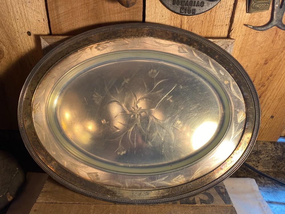 Vintage Oval Silver Plate Serving Tray with Glass Insert