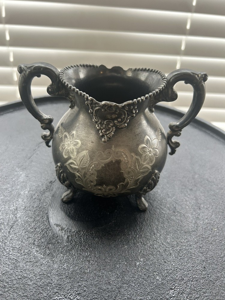 Vintage Engraved Silver Plated Sugar Bowl - Double Handle