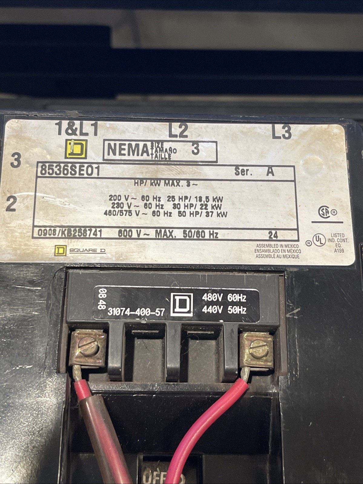 Square D 8536SE01 NEMA Size 3 Ser. A Non‑Reversing Motor Starter (Type S) - Used